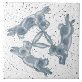 Azulejo Viñeta de tres conejos Trío Azul y Blanco Delft