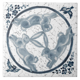 Azulejo Viñeta de tres conejos Trío Azul y Blanco Delft