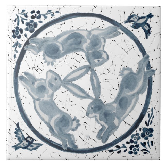 Azulejo Viñeta de tres conejos Trío Azul y Blanco Delft (Frente)