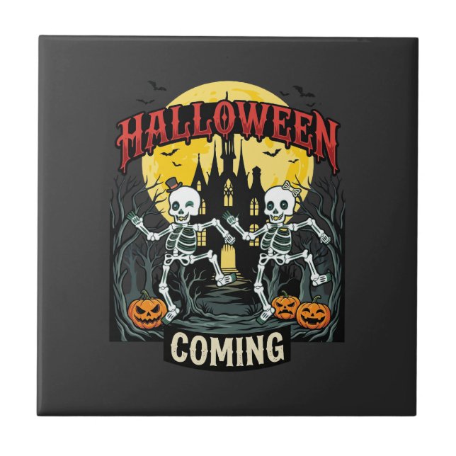 Azulejo Viniendo Halloween Esqueletos Bailando Castillo Ca (Frente)