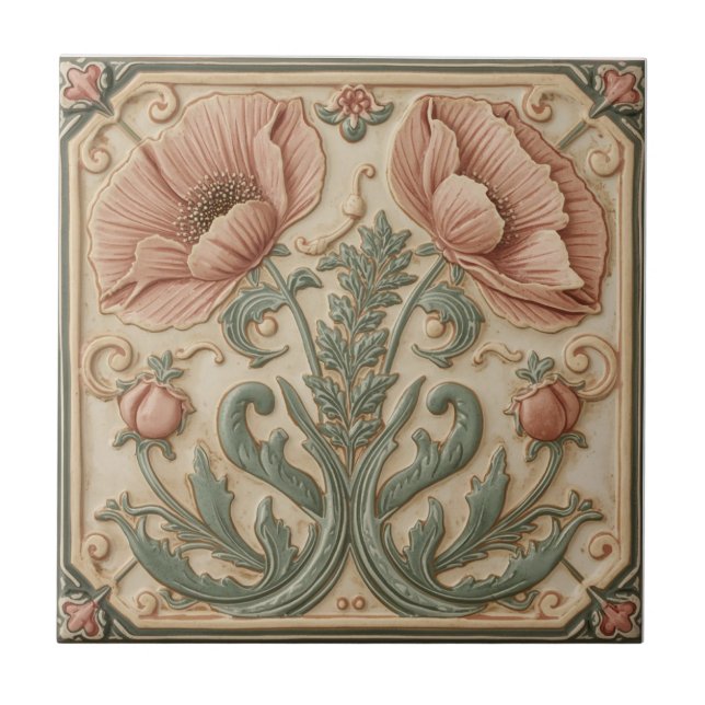 Azulejo Vintage Art Nouveau pink Poppies  Floral  (Frente)