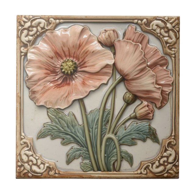 Azulejo Vintage Art Nouveau pink Poppies  Floral  (Frente)