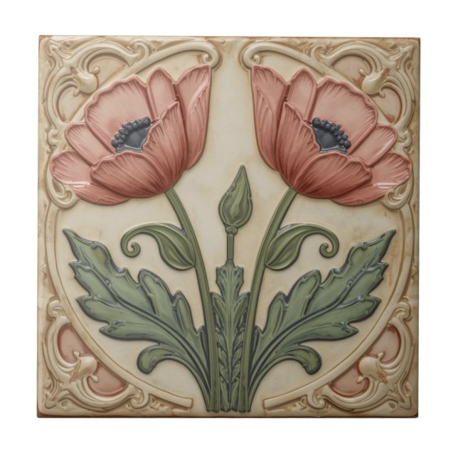 Azulejo Vintage Art Nouveau pink Poppies  Floral  (Frente)