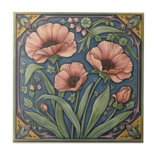 Azulejo Vintage Art Nouveau pink Poppies  Floral 