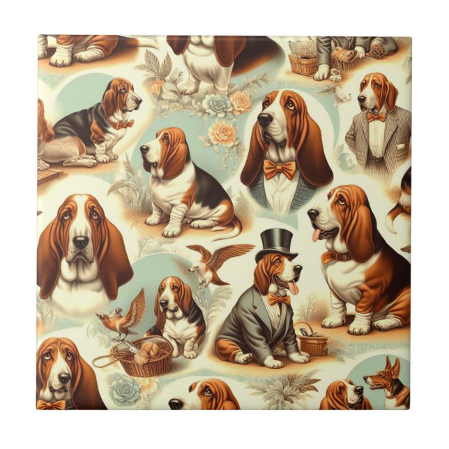 Azulejo Vintage Basset Hound Seamless Ilustracion (Frente)