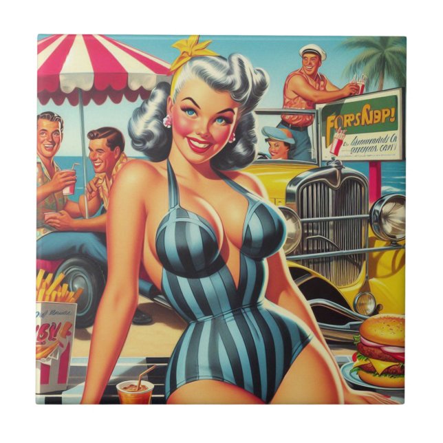 Azulejo Vintage Beach Pin-up (Frente)