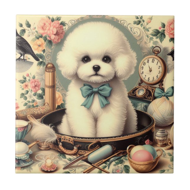 Azulejo Vintage Bichon Frisé Pintura (Frente)
