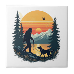 Azulejo Vintage Bigfoot Perro Caminando Montaña Atardecer
