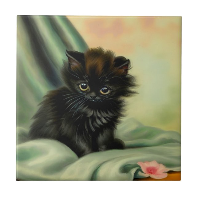 Azulejo Vintage Black Kitten Ilustracion (Frente)