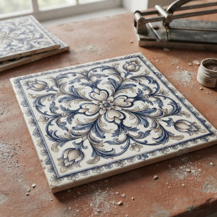Azulejo Vintage Blue & Beige Floral Ceramic Tile