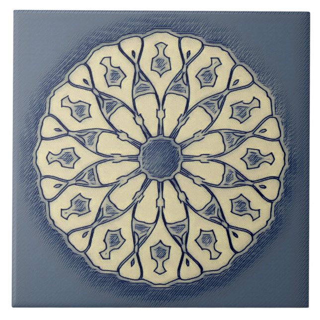 Azulejo Vintage Blue–Beige Radial Mandala Ornament (Frente)