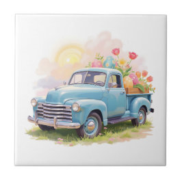 Azulejo Vintage Blue Truck with Easter Eggs & Tulips