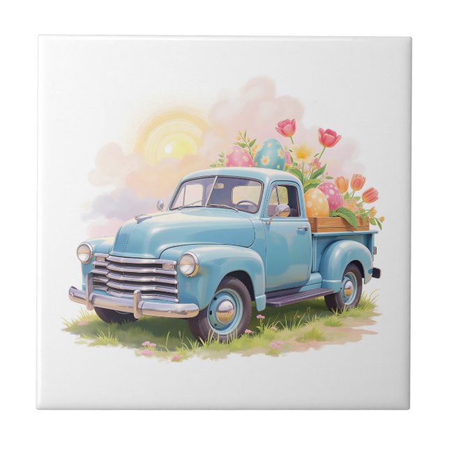 Azulejo Vintage Blue Truck with Easter Eggs & Tulips (Frente)