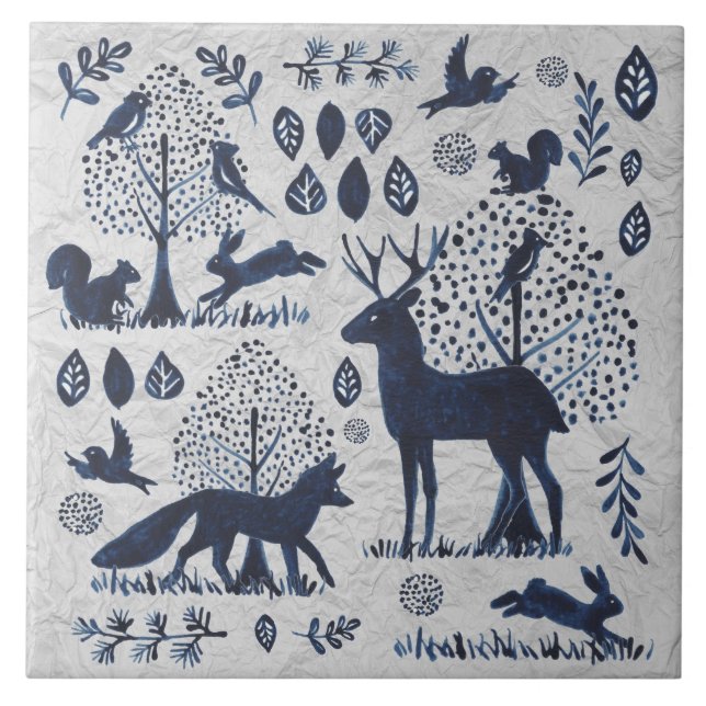 Azulejo Vintage Blue & White Woodland Animal Fox Rabbit (Frente)