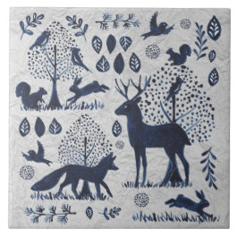 Azulejo Vintage Blue & White Woodland Animal Fox Rabbit Ce