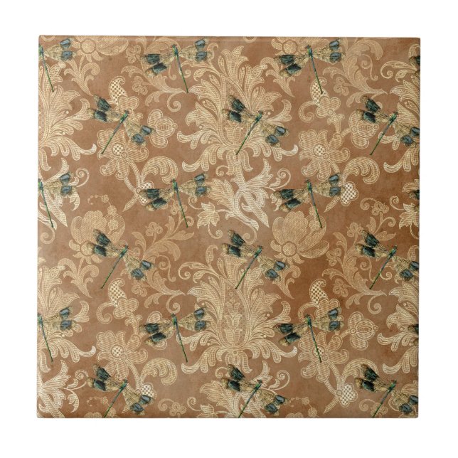 Azulejo Vintage Brown Damask Floral Dragonflies (Frente)