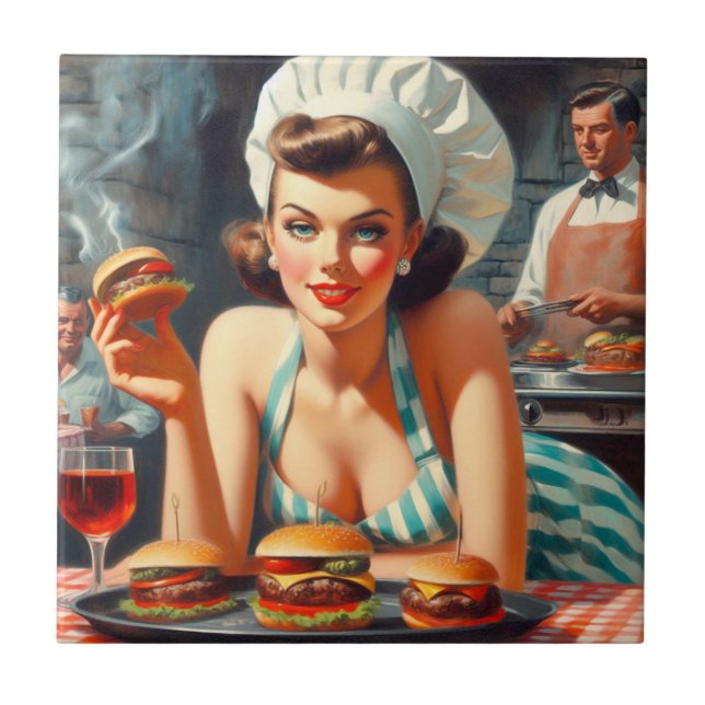 Azulejo Vintage Burger BBQ Woman (Frente)