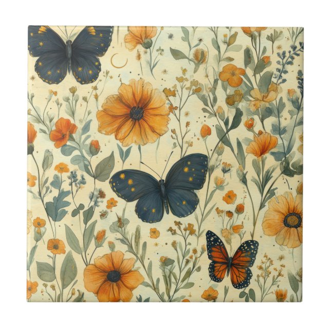 Azulejo Vintage Butterfly Wildflower (5) (Frente)