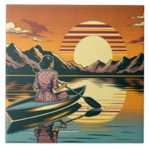 Vintage Camping Scene Woman Kayak