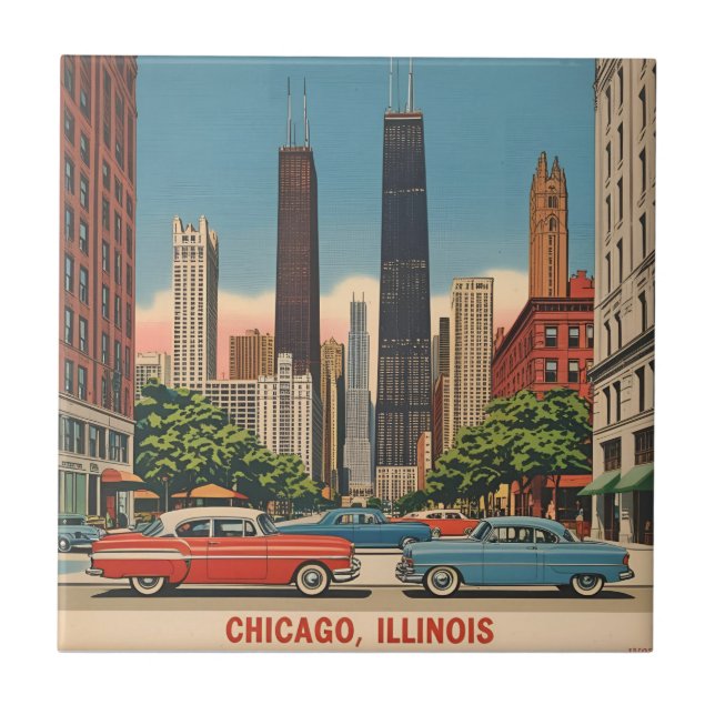 Azulejo Vintage Chicago Illinois City Skyline Retro Travel (Frente)
