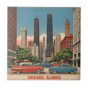 Azulejo Vintage Chicago Illinois Ciudad Silueta Retro Viaj