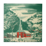 Azulejo Vintage Christmas Church, Snowscape in Winter<br><div class="desc">Navidades de ilustracion de época celebran un diseño religioso con una pintoresca capilla en un bonito pueblo de montaña. Un paisaje natural invernal con montañas,  árboles y nieve. El original es un cuadro acuático de arte rojo y verde.</div>