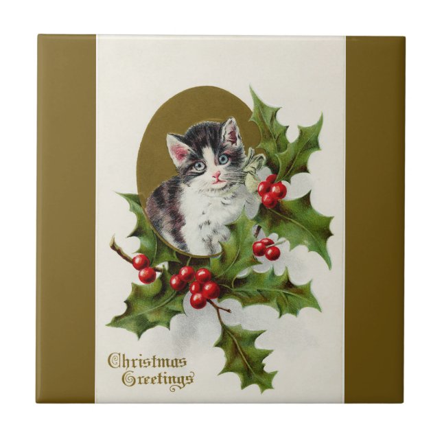 Azulejo Vintage Christmas Kitten Gold Ceramic Tile (Frente)