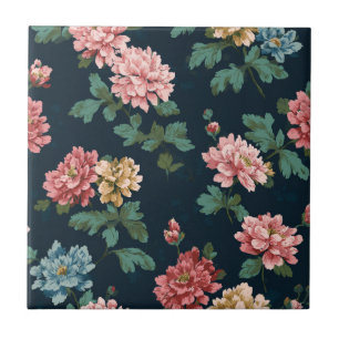 Azulejo Vintage Colorous Peony Pattern sobre fondo negro
