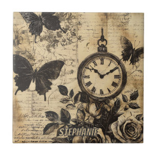 Azulejo Vintage Compass & Butterfly - Papel rústico (1)