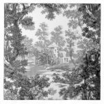 Azulejo Vintage Cottage Landscape Toile-Black & White<br><div class="desc">Clásico paisaje vintage de estilo toile de jouy con una casa de campo rústica y un puente en un claro enmarcado por un bosque de árboles en tonos negros y grises sobre fondo blanco. El patrón no tiene fisuras y puede ampliarse o reducirse.</div>
