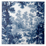 Azulejo Vintage Cottage Paisaje Toile-Blue & White<br><div class="desc">Clásico paisaje vintage de estilo toile de jouy con una casa de campo rústica y un puente en un claro enmarcado por un bosque de árboles en tonos claros y azul oscuro sobre fondo blanco. El patrón no tiene fisuras y puede ampliarse o reducirse.</div>