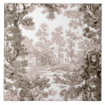 Azulejo Vintage Cottage Paisaje Toile-Brown & White<br><div class="desc">Paisaje clásico vintage de estilo toile de jouy con una casa de campo rústica y un puente en un claro enmarcado por un bosque de árboles en tonos claros y marrones oscuros sobre fondo blanco. El patrón no tiene fisuras y puede ampliarse o reducirse.</div>