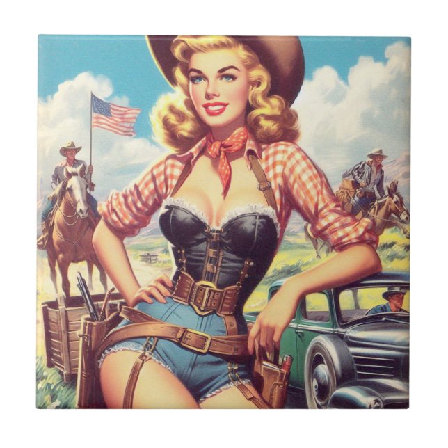 Azulejo Vintage Cowgirl Pin Up (Frente)