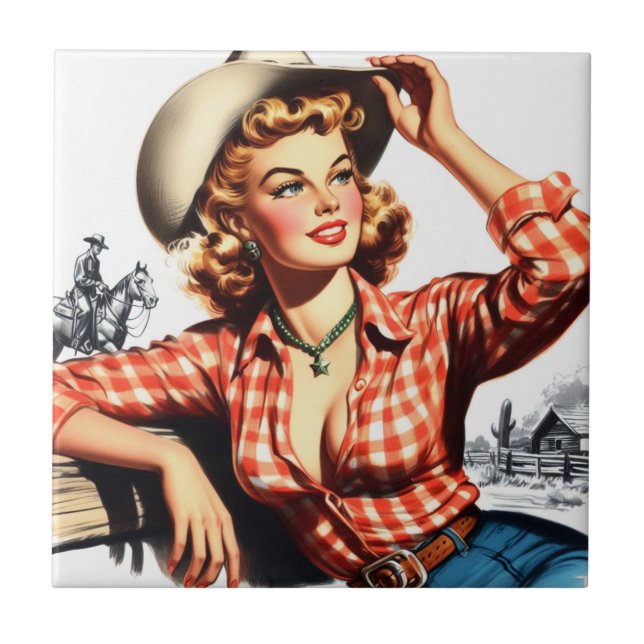 Azulejo Vintage Cowgirl Pin Up (Frente)