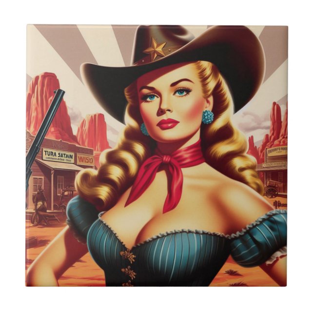 Azulejo Vintage Cowgirl Pin-up (Frente)