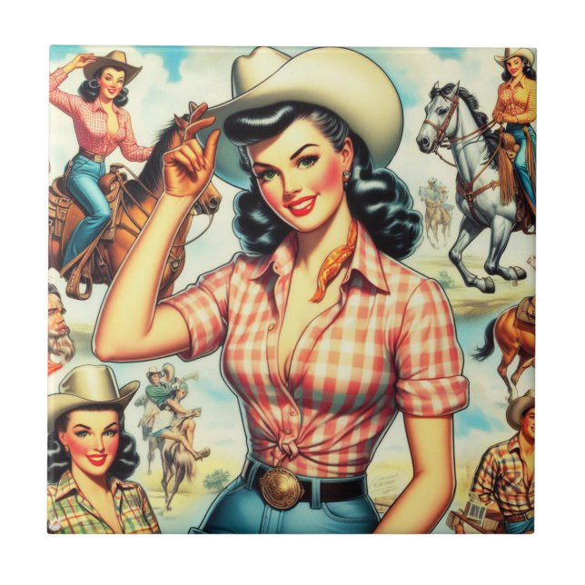 Azulejo Vintage Cowgirl Seamless Ilustracion (Frente)