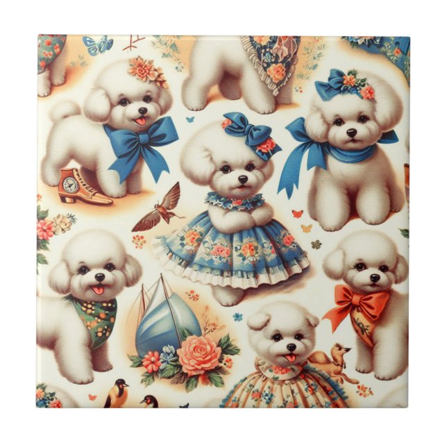Azulejo Vintage Cute Bichon Frisé Pintura (Frente)