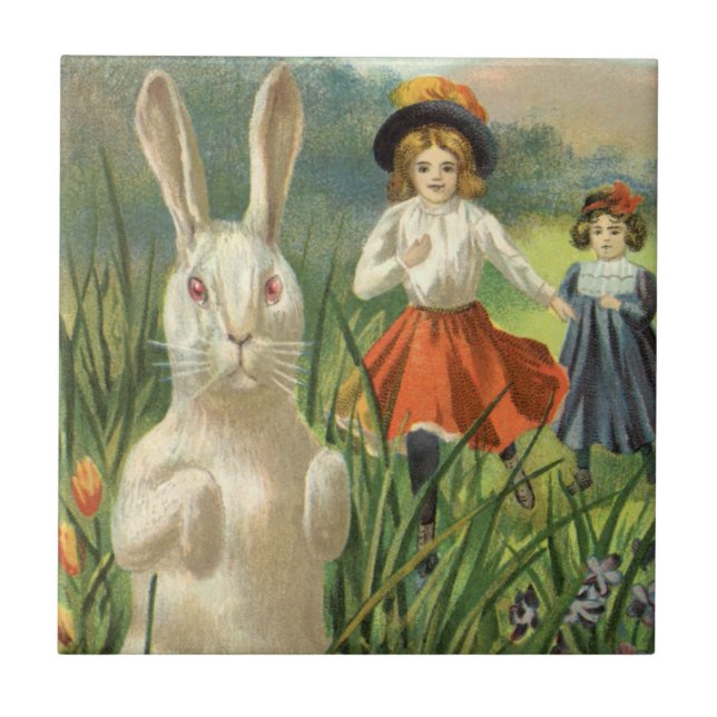 Azulejo Vintage Easter Bunny and Children Happy Eastertie (Frente)