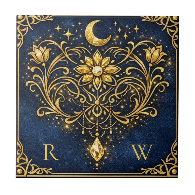 Azulejo Vintage Elegance Mystical Gold Celestial Monogram  (Frente)
