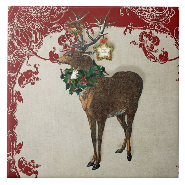 Azulejo Vintage Elegance Navidades Deer Antlers Damask (Frente)