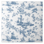 Azulejo Vintage English Floral Toile de Jouy-Blue<br><div class="desc">Hermoso patrón de tela de jouy sin costura,  adaptado a un diseño inglés grabado por John Munns cerca de los años 1770,  con ruinas clásicas,  puerto marítimo,  pastor y guirnaldas florales. Azul sobre fondo blanco.</div>