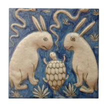 Vintage español Tile Animal Rabbit Tortoise Blue