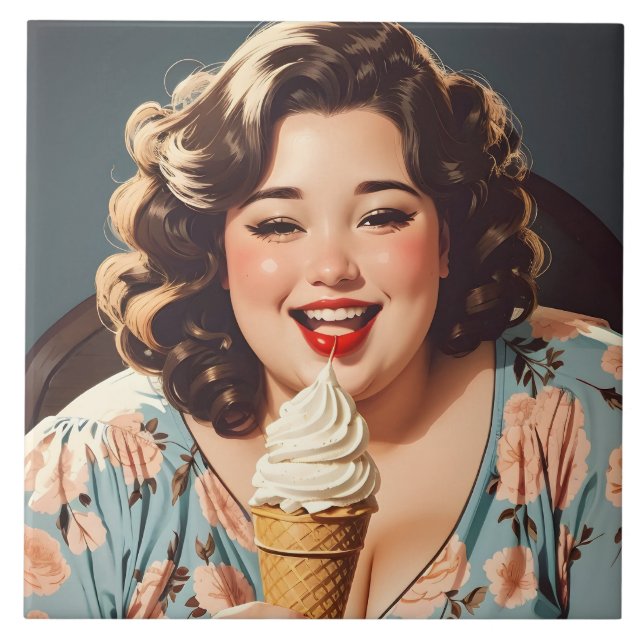 Azulejo Vintage feliz mujer comiendo helado (Frente)