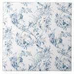 Azulejo Vintage Floral Fantasía Fantasía Francesa-Azul<br><div class="desc">Elegante patrón vintage de tela azul sobre blanco del siglo XIX adaptado de un dibujo francés en la colección Smithsonian con flores de fantasía,  hojas y viñas con un guerrero cupido,  indígena y figuras humanas.</div>
