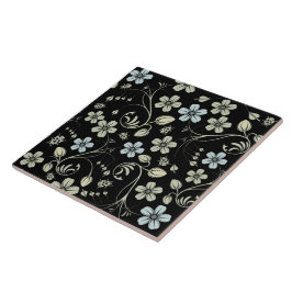 Azulejo Vintage Floral Pattern with Ladybugs on Black