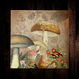 Azulejo Vintage Golden Mushroom y Ephemera Floral Rosa