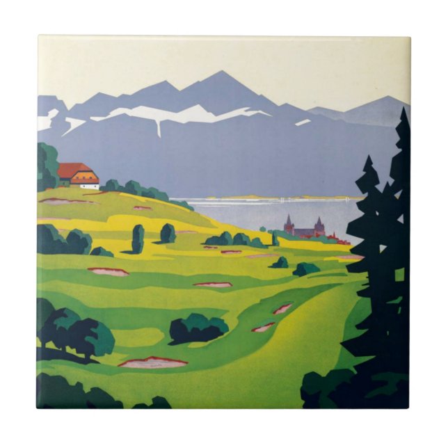Azulejo Vintage Golf Lausanne City Lake Suiza (Frente)