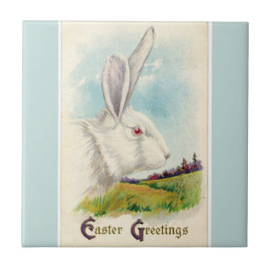 Azulejo Vintage Gran Luz Blanca de Conejo de Pascua Azul
