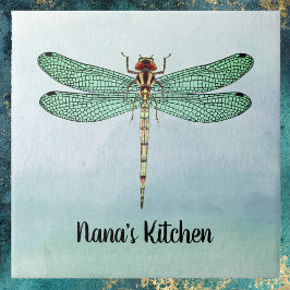 Azulejo Vintage Green Gold Dragonfly sobre las aguas azule