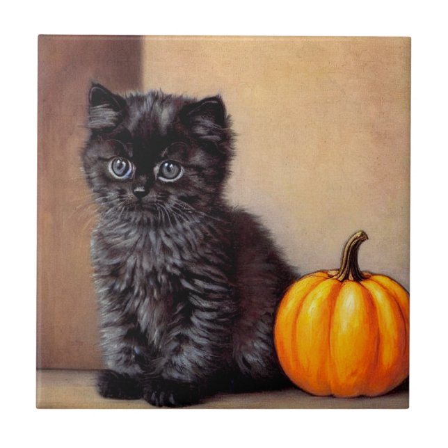 Azulejo Vintage Halloween Black Kitten Ilustracion (Frente)